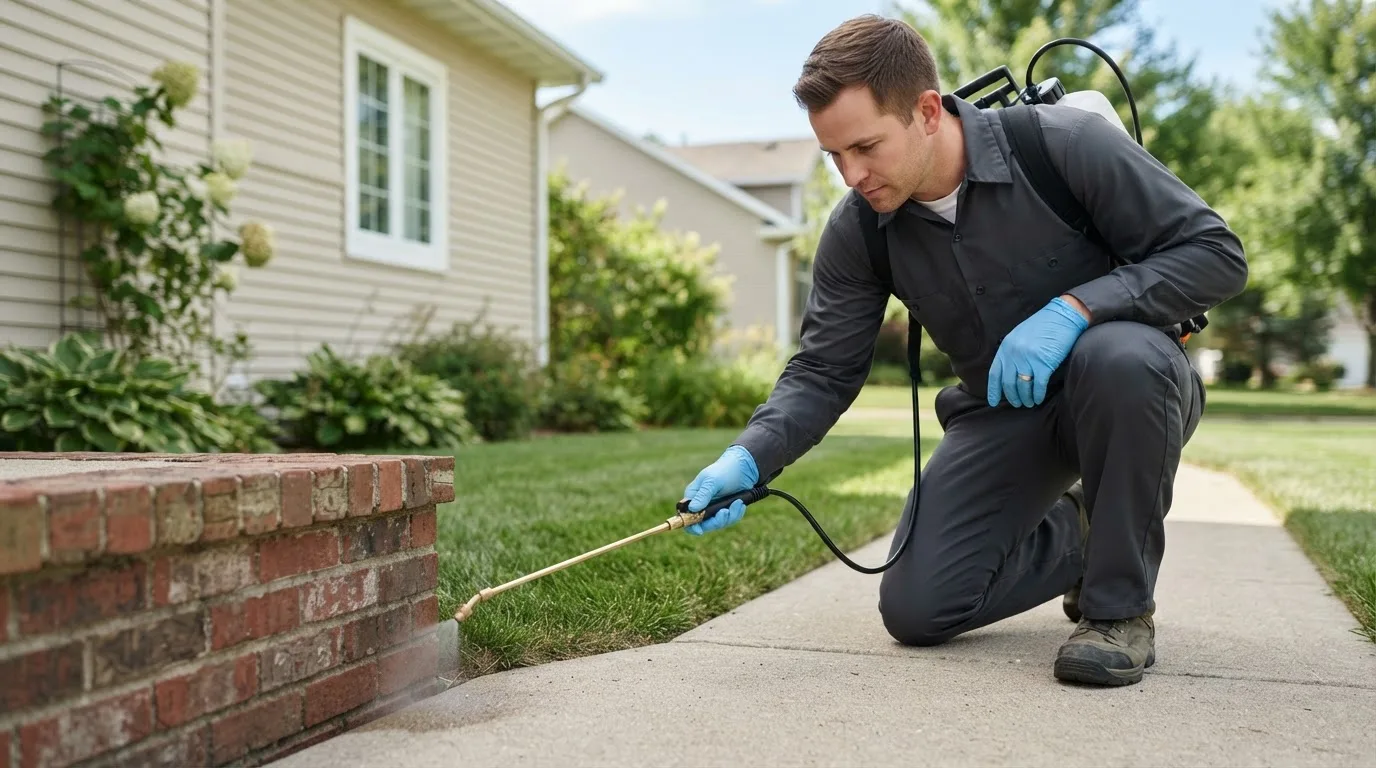 Pest control technician treating a home near Los Ebanos, TX